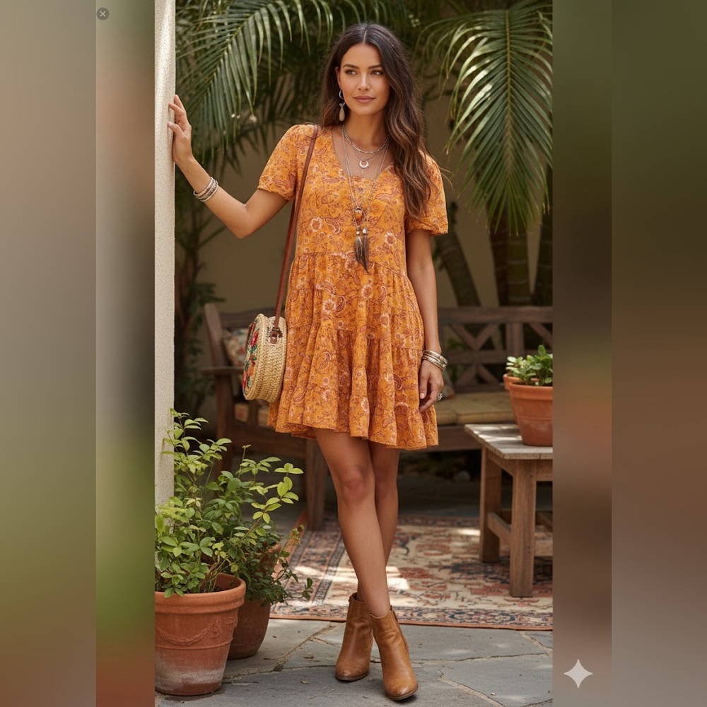 Patrons of Peace Boho Paisley Mini Dress Mustard Yellow Rayon Tiered Skirt Small